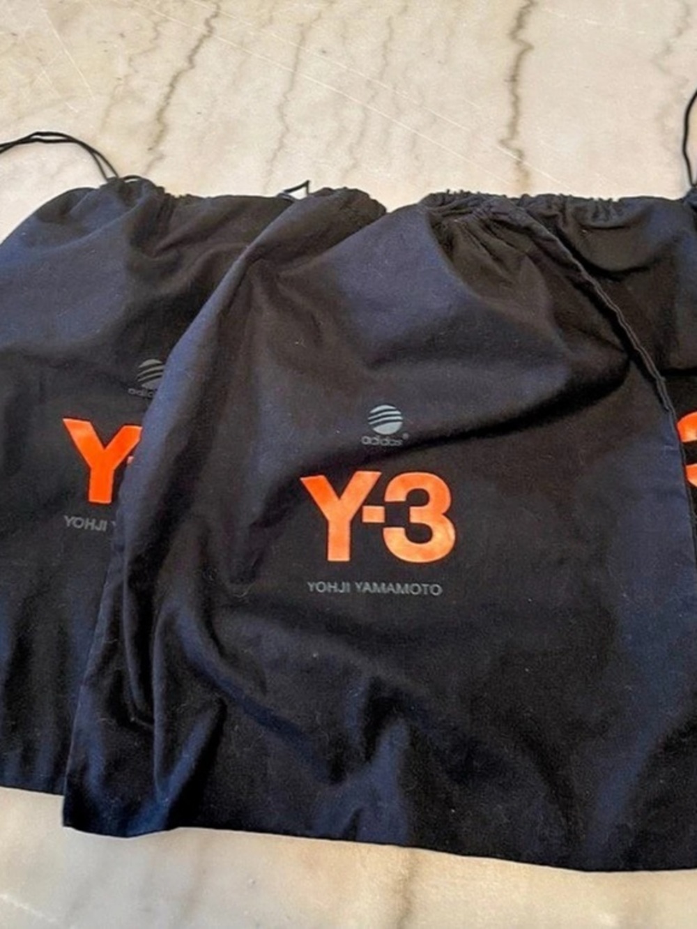 Set of 3 Y-3 Yohji Yamamoto Drawstring Dust Bag in black satin with a drawstring